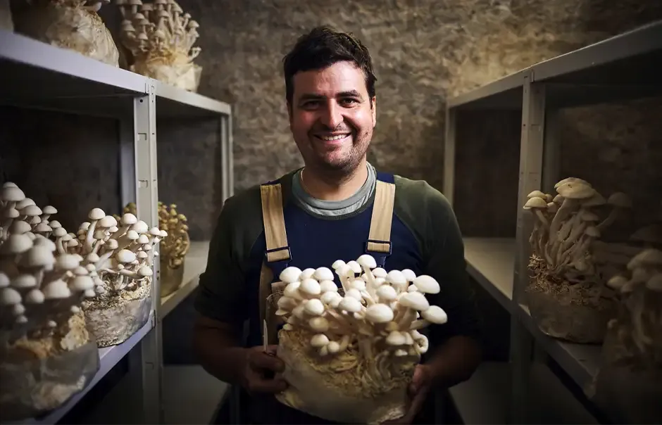 Mann im grauen Pullover blickt bei Sonnenuntergang über Felder mit Windrädern