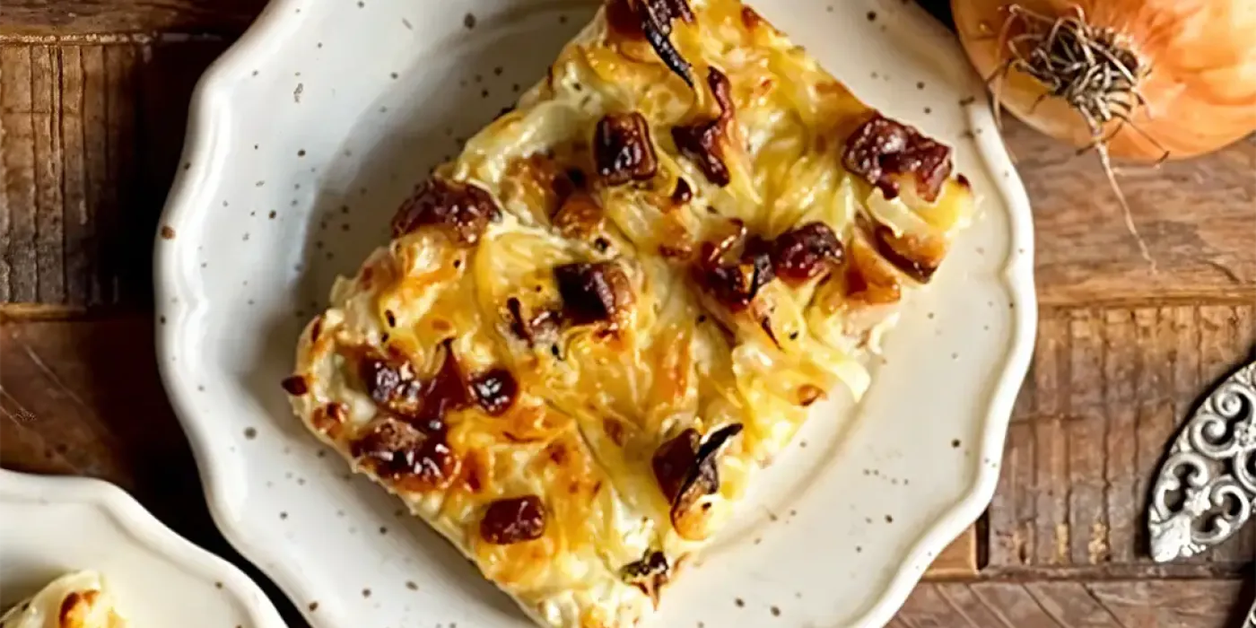 Zwiebelkuchen mit goldbrauner Kruste und Räuchertofu auf einem weißen Teller