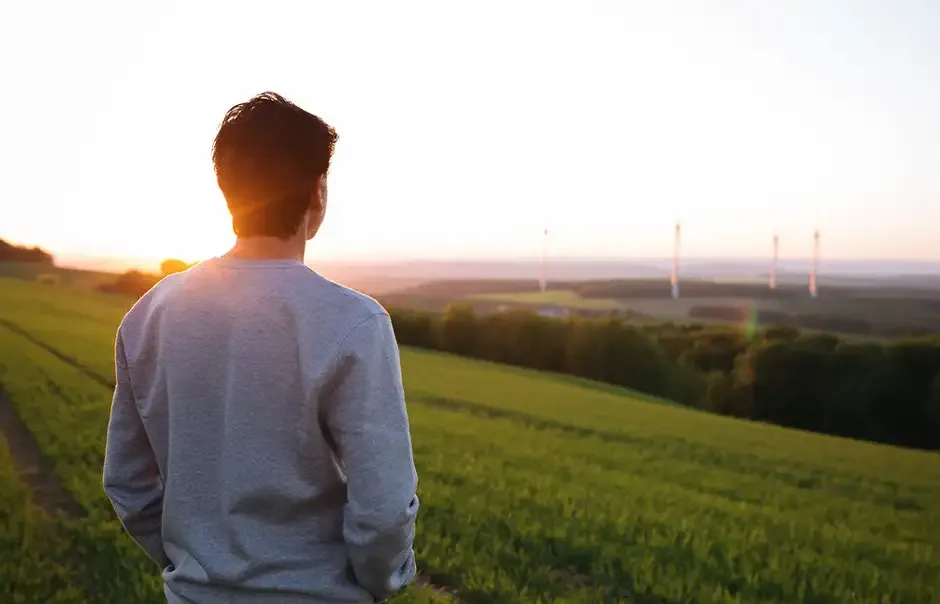 Mann im grauen Pullover blickt bei Sonnenuntergang über Felder mit Windrädern