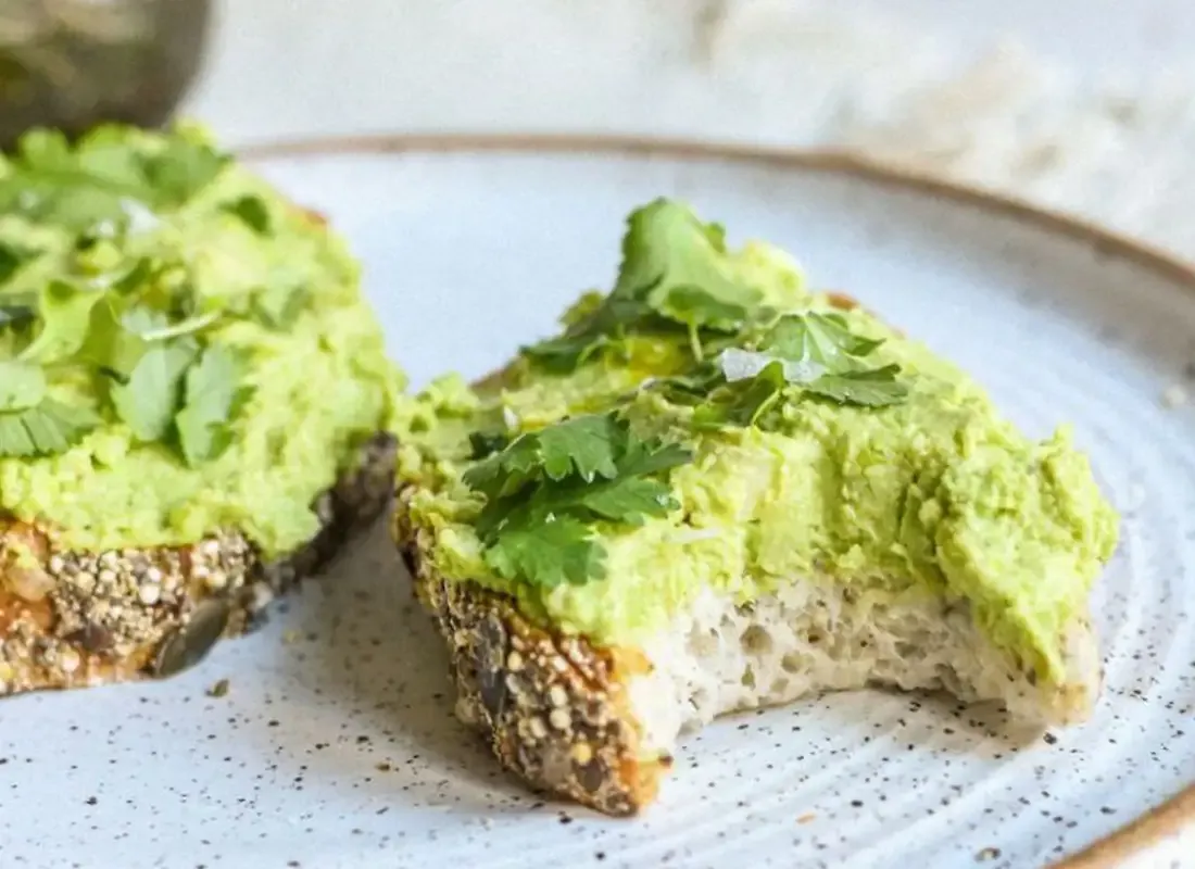 Mehrkornbrot mit Avocado-Creme und frischem Koriander auf Keramikteller