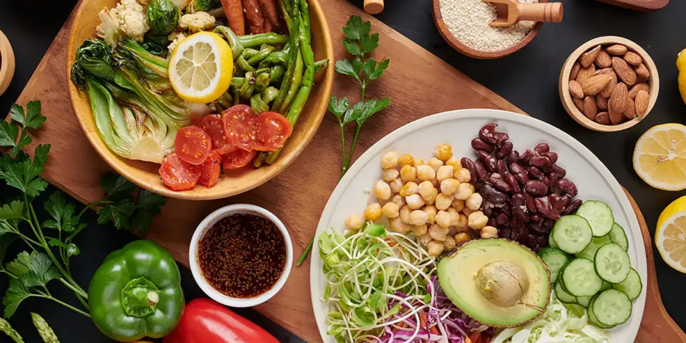 Vielfältige vegane Zutaten und Bowls mit Gemüse, Hülsenfrüchten, Nüssen und Avocado
