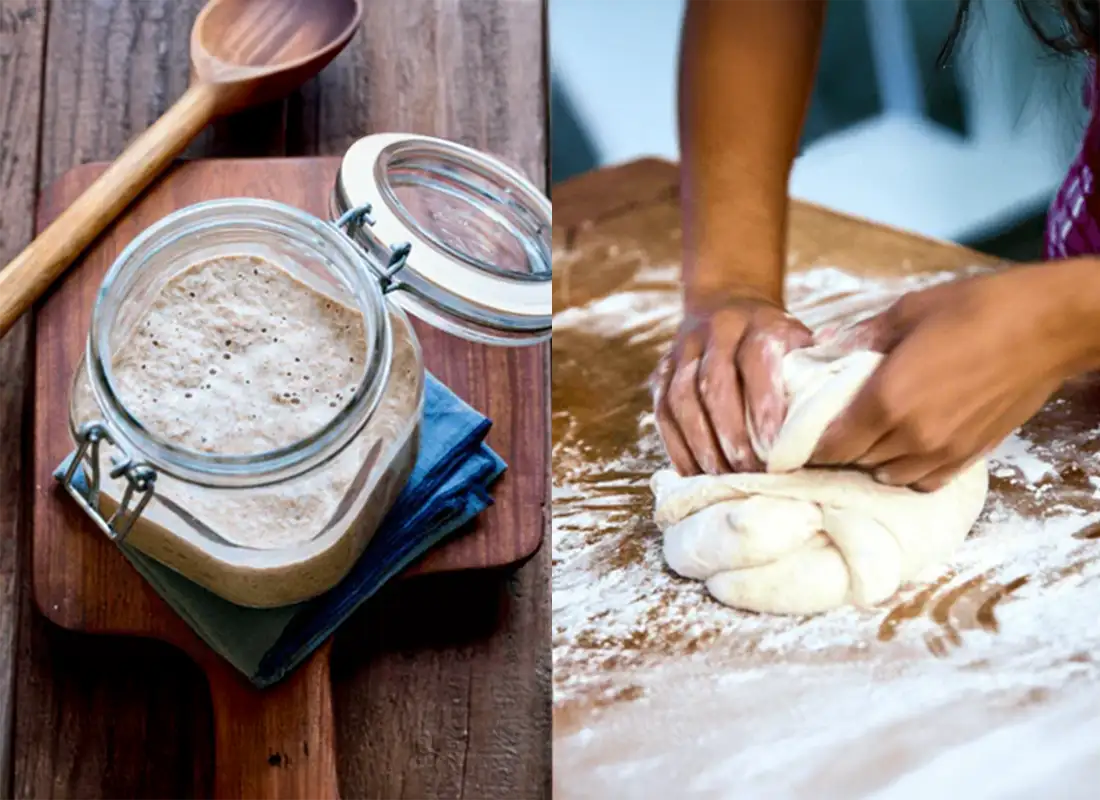 Sauerteig im Glas und Hände beim Kneten von Brotteig auf einer bemehlten Arbeitsfläche